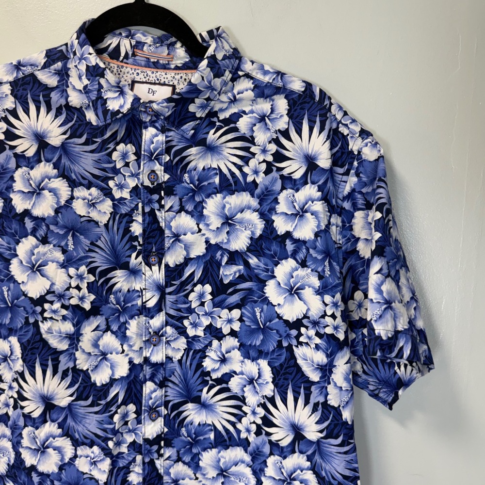 Denim & Flower Mens XL Blue‎ Floral Short Sleeve Button Up Slim Fit Shirt